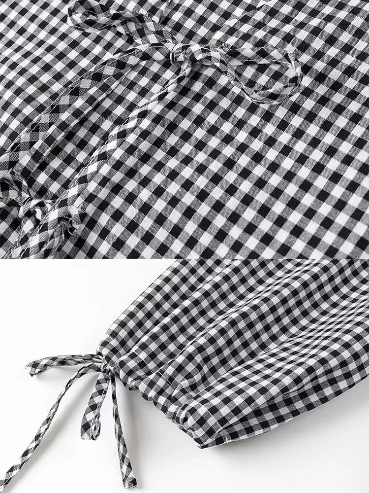 Advbridge Long Sleeve Bowknot Tie Up Plaid Women Blouse Shirt V Neck Casual Summer New Chic Green Top Female Black Blusa Mujer