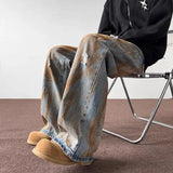 Advbridge Tie Dye Ripped Jeans Men's Straight Leg Trendy Brand Retro and Cool Casual Hip-hop High Street Pants