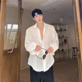 ADVBRIDGE  -  New Korean Style Men's Shiny Silk Shirts Loose Solid Color Trendy Long Sleeved Design Single Breasted Lapel Male 2025