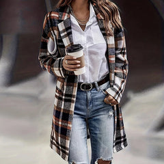 Advbridge Elegant Single-breasted High Street Coats Winter Casual Plaid Print Lapel Woolen Coat Female Long Sleeve Pockets Commute Outwear