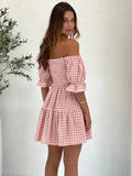 Advbridge  Square Collar Gingham Printed Women Casual Summer Short Dress Puff Sleeve A-line Pink Cute Fashion Outfit Vestidos