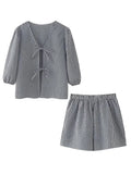 Advbridge Plaid Print Women Matching Set Summer Casual V Neck Bowknot Shorts Set 2 Pcs Outfits Blue Chic Spring Blouse+shorts Set