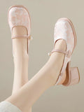 Advbridge Floral Embroidery Square Head Sandals Women Outside Wear Summer Belt Buckle Sandal Female Pearl Chunky Heel Mary Jane Shoes