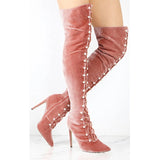 Advbridge Pearls Decor Eyelet Cross Bandage Over The Knee Velvet Boots Women Pink Maroon Black Thigh Boots High Heels Pointed Toe Botas