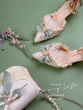 Advbridge Gorgeous Elegant Retro Court Style Cosplay Lolita Victorian Girl Lace Ruffled Pearl Gem Bow Pointed 7cm High Heeled Shoes
