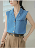 Advbridge Blue Denim Suit Collar Vest For Women'S Summer Lightweight Cotton Retro Versatile Commuting Sleeveless Shirt