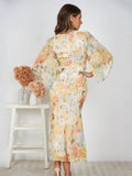 Advbridge Hollow Out Lantern Sleeve Spring Women's Dress Printed Floral Midi Summer Dress 2024 V Neck Boho Yellow Sundress Party