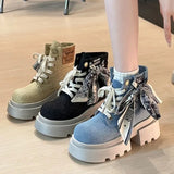 Advbridge Booties Cowboy Platform Chunky Cowgirl Woman Short Shoes Denim with Laces Lace-up Round Toe Ankle Boots for Women High Quality
