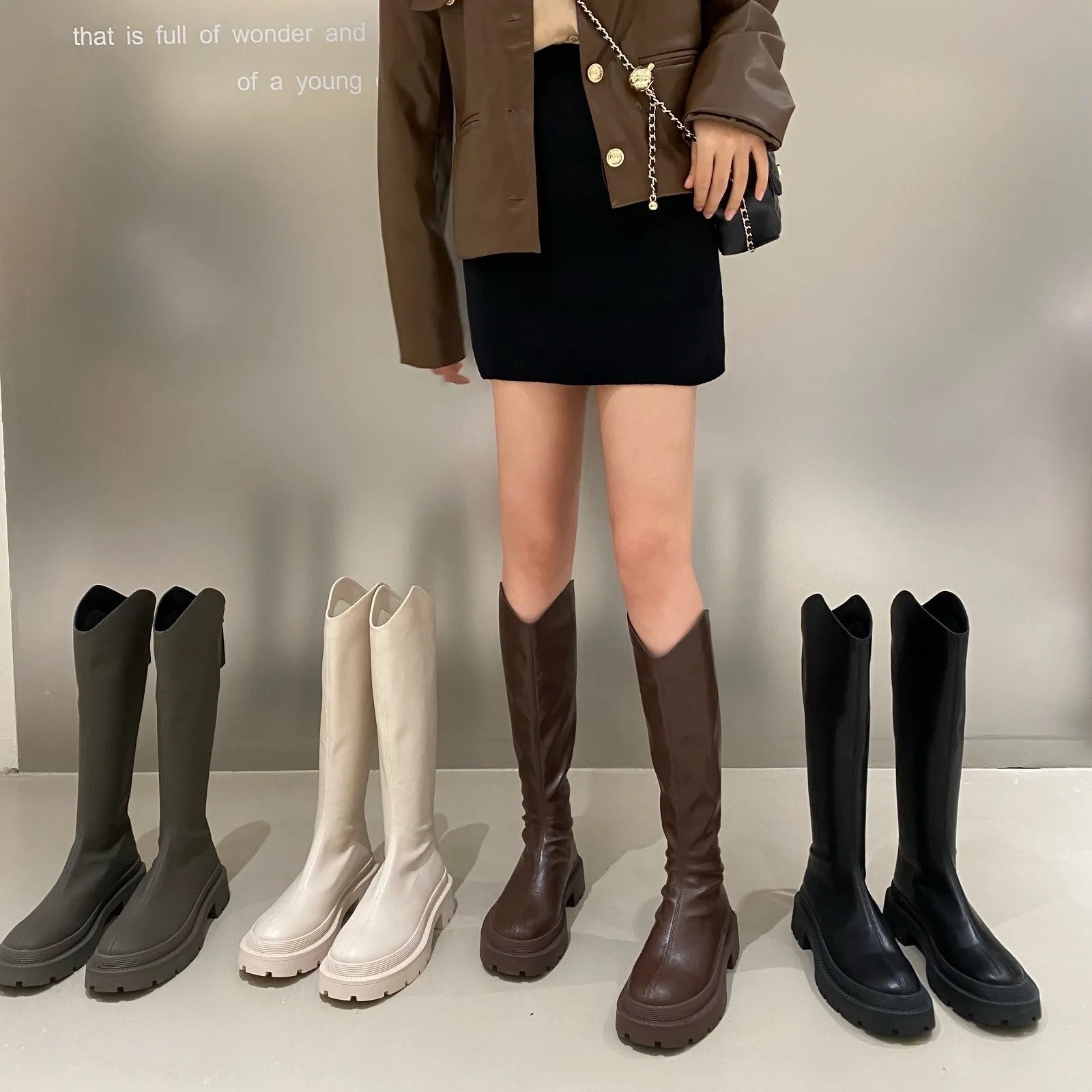 Advbridge Leather Long Boots Chunky Martin Boots Spring and Autumn New Style Back Zipper British High-cut Knee Length Boots