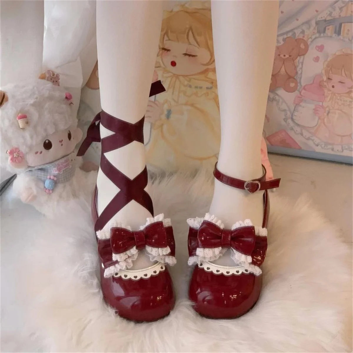 Advbridge Japanese Sweet Style Girls Shoes  Cosplay  Lolita Lace Ruffle  Bowknot Round  Head Flat Bottom 3-6cm Kawaii Pu Cute Shoes