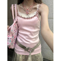 Advbridge Y2k Diamonds Pink Slim Tank Top 2024 New Sexy Sleeveless Solid Camis Shirt Kawaii Lolita Crop Top Casual Sling Shirts For Women