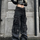 Advbridge Women's wide-leg jeans for small people, dark high street heavy-duty design, washed multi-pocket loose straight work jeans