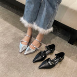 Advbridge Pointed Toe Women Flats Loafers Black Silver Autumn Dress Shoes Flat Low Heels Belt Buckle Fashion Dress Shoes Woman Size 35-39