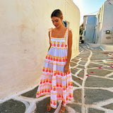 ADVBRIDGE  -  Halter Lace Up Print Dress Cake Contrast Color Pleated Layered Suspender Baggy Women Beach Strap Long Dresses Fuffy Robes Summer