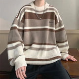 Advbridge Striped Sweater Men's Japanese Loose Retro Student Contrasting Base Shirt Round Neck Knit Jacket Men's Handsome