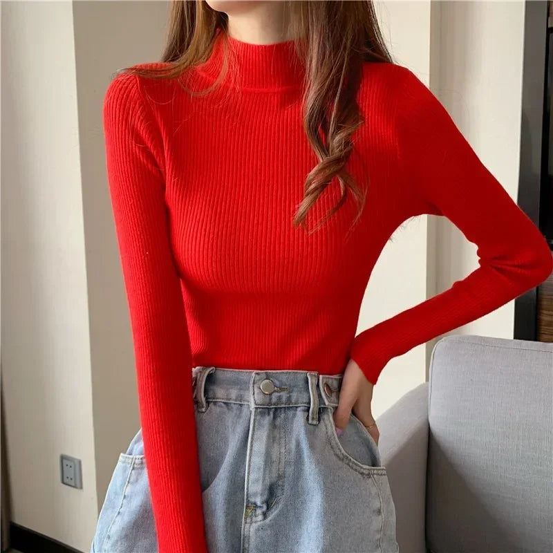 Advbridge Women Sweater Pullover Autumn Winter Knitted Half High Collar Long Sleeve Slim Jumper Tops 2025 Casual Shirts Soft Warm Clothing