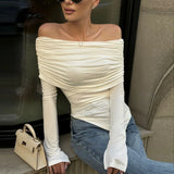 Advbridge Off Shoulder Long Sleeve Top Women's Sexy Slim Fit Pullover Top White Pleated High Waist Long Sleeve Off Shoulder Top