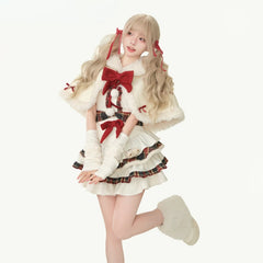 Advbridge Winter Kawaii Lolita Dress Sets Women Bow Hooded Shawl Short Jackets Plaid Patchwork Mini Dresses Korean Christmas New Year Suit