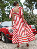Advbridge Fashion Stripe Printing Bow Lace Up Bow Sling Dress Women Elegant Sleeveless Backless Long Dresses 2024 New Lady Beach Vestidos