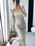 Advbridge Elegant Long Sleeve Midi Dresses for Women Square Collar Slim Waist Bodycon Split Dress Autumn New Solid Office Lady Vestidos