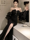 Advbridge Sexy Bodycon Evening Party Dresses for Women Ruffles Strapless High Split Black Mermaid Korean Fashion Prom Robe Vestidos New