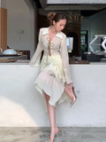 ADVBRIDGE  -  Lace Up V-Neck Shirt Ruffle Skirt Women Set Strings Lapel Sexy Waist Cinched Slimming Blouse Top Irregular Long Skirts Suit New