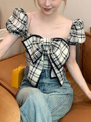 Advbridge  Summer Short Sleeve Vintage Plaid Blouse Women Korean Style Y2k Crop Tops Office Lady Outwear Kawaii Fashion Pullover Bow