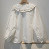 Advbridge 2025 Spring Summer New Long Sleeve Women's Cotton Shirt Loose Sweet Big Collar Flower Embroidered Basic White Casual Preppy Top