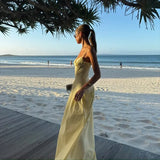 ADVBRIDGE  -  Fashion Solid V Neck Robes Chic Pleated Sleeveless Off Shoulder Puffy Long Dress New Women's Summer Vaction Beach Vestidos 2025