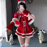 Advbridge Cute Christmas Cosplay Costume Bunny Santa Claus Uniform Women Red Plush Dress with Clock New Year Role Play Outfits Underwear