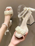Advbridge Pure Color Casual High-heel Shoes Women Summer New Chunky Heel Pearl Roman Sandals Street Fashion Girly Style Shoes Female