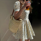 ADVBRIDGE  -  French Floral Print Women's Elegant Short Sleeve A-Line Dresses Summer Sweet Country Style Casual High Waist Dress New