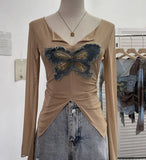 Advbridge Women's Sexy Mesh V-neck Navel-Baring T-shirt Skinny Hot Girl Denim Butterfly Embroidered Patchwork Top Essential Streetwear8921