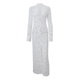 Advbridge Sexy White Lace Printed Maxi Dress For Women See-Through Hollow Out Full Sleeve V Neck Slit Slim Long Dress Party Club Outfit