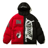 Advbridge Mens Winter Hooded Parka Jacket Yin Yang Skeleton Print Streetwear Oversized Coat Harajuku Loose Thick Warm Outwear Unisex