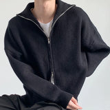 Advbridge Men's Light Luxury Knit Double Zipper Cardigan Sweater Turtulneck Solid Color Long Sleeve Streetwear Loose Knitwear Retro Coat