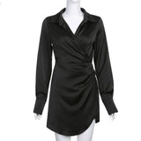 Advbridge  -  Women's V-neck Black Short Skirt Long-sleeved Dress 2024 Spring/Fall Kink Shirt Style Draping Collage/patchwork Design Dress Y2k