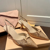 Advbridge Fashion Trendy Rhinestone Stiletto Sandals Women's Back Empty Bow Pointed High Heels 6.5cm