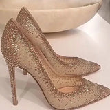 Advbridge Ladies Glitter Rhinestone Mesh Bling heels Pumps Summer Pointed toe Nude Black Mesh Crystal Sequined High Heels Wedding Shoes