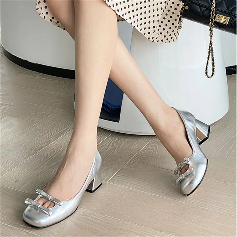 Advbridge  -  Silver Bow Mary Jane Women's Pumps Fashion Office Work Wedding Party Shoes Ladies Med Heel Shoes Woman Autumn