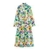 Advbridge  2024 Summer New Women's Polo Collar Long sleeved Flower Printed Poplin Belt Shirt Style Dress