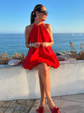 Advbridge Women Fashion Red Halter Mini Dress Sexy Round Neck Sleeveless Backless A-line Dresses 2024 New Summer Lady Beach Holiday Robes
