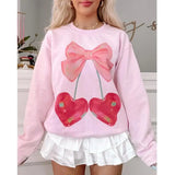 Advbridge Women's Y2K Cute Loose Sweatshirts Hoodie Long Sleeve Round Neck Aesthetic Bow/Cherry Print Pullover Tops Streetwear