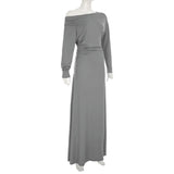 ADVBRIDGE  -  Long Sleeve Ruched Sexy Maxi Dress for Women Elegant Solid Slash Neck High Waist Bodycon Sexy Long Dresses Streetwear