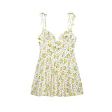 ADVBRIDGE  -  Women Apricot with Orange Floral Print Bow Lacing Up Strap Sling Dress French Style Retro Summer Short Dresses Holiday Robe