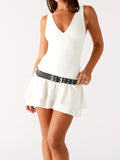 ADVBRIDGE  -  Solid Backless Women's Bodycon Mini Dress with Belt Street Party Club Sexy V-Neck Pleated Dress Summer Holiday Outfit
