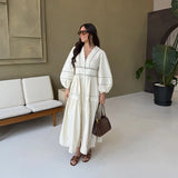ADVBRIDGE  -  Elegant Lace Hollow Out Women's Long Dress Solid V-neck Patchwork Puff Sleeve Bodycon Dressess Female 2025 Spring New Lady Robes