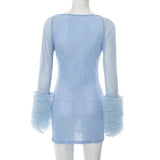 ADVBRIDGE  -  Women's Mesh Cross Hollow Long Sleeved Plush Cuffs Tight Sexy See-through Wrapped Hip Short Dresses Party Nightclub Outfit