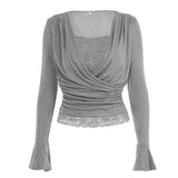 ADVBRIDGE  -  Temperament French High Street Sexy Deep V Neck Long Sleeve Shirt Fashion Cross Pleated Design Lazy Fake 2 Piece Y2k Elegant Top