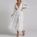 ADVBRIDGE  -  Women Sexy Pleated A-Line Dress Embroidery Retro Puff Short Sleeve Party Dress Temperament V Neck Waist Hollow Lace Long Dress